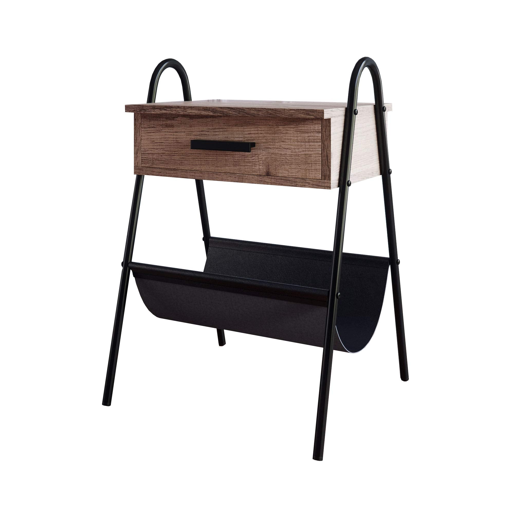 Nathan James 32502 Hugo Wood Nightstand, Rustic Accent End or Side Table with Drawer, Durable Black Metal Frame & Leather Hammock, Gray/Black