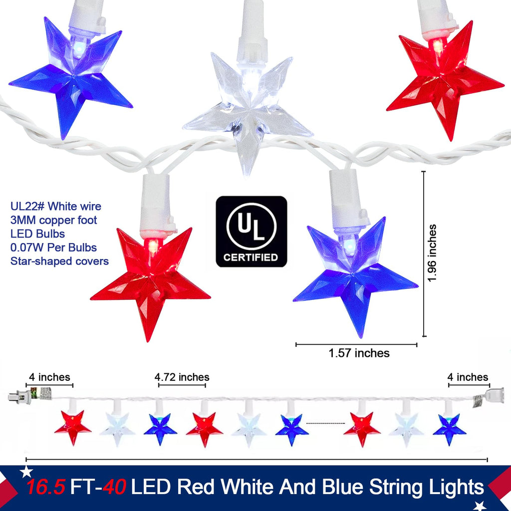 Red White Blue Stars String Lights, 16.5ft Independence Day Decoration Lights with 40 Red White Blue Lights, 4th of July Decoration String Lights Plug In for Patriotic Wedding Patio Garden Party Decor