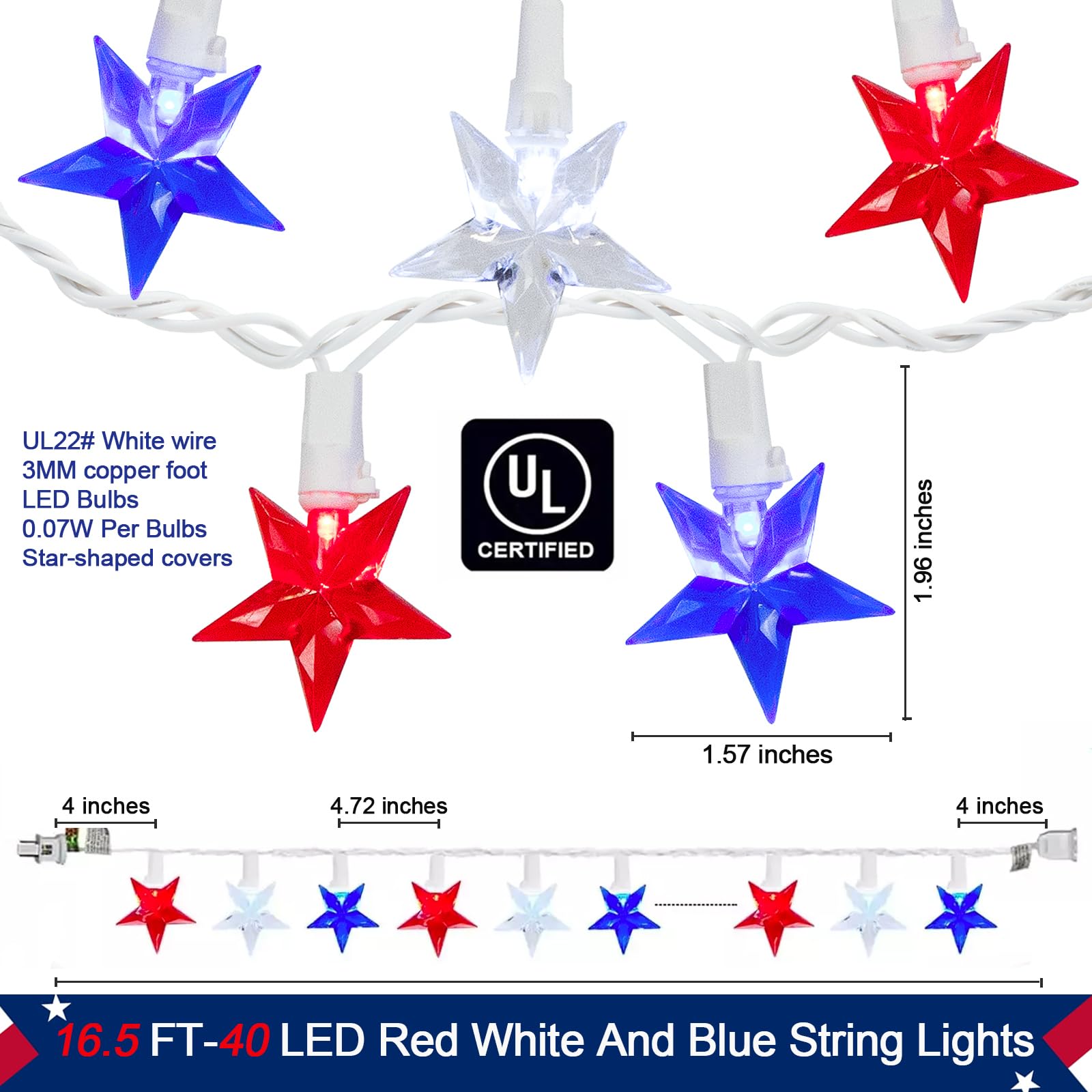Red White Blue Stars String Lights, 16.5ft Independence Day Decoration Lights with 40 Red White Blue Lights, 4th of July Decoration String Lights Plug In for Patriotic Wedding Patio Garden Party Decor