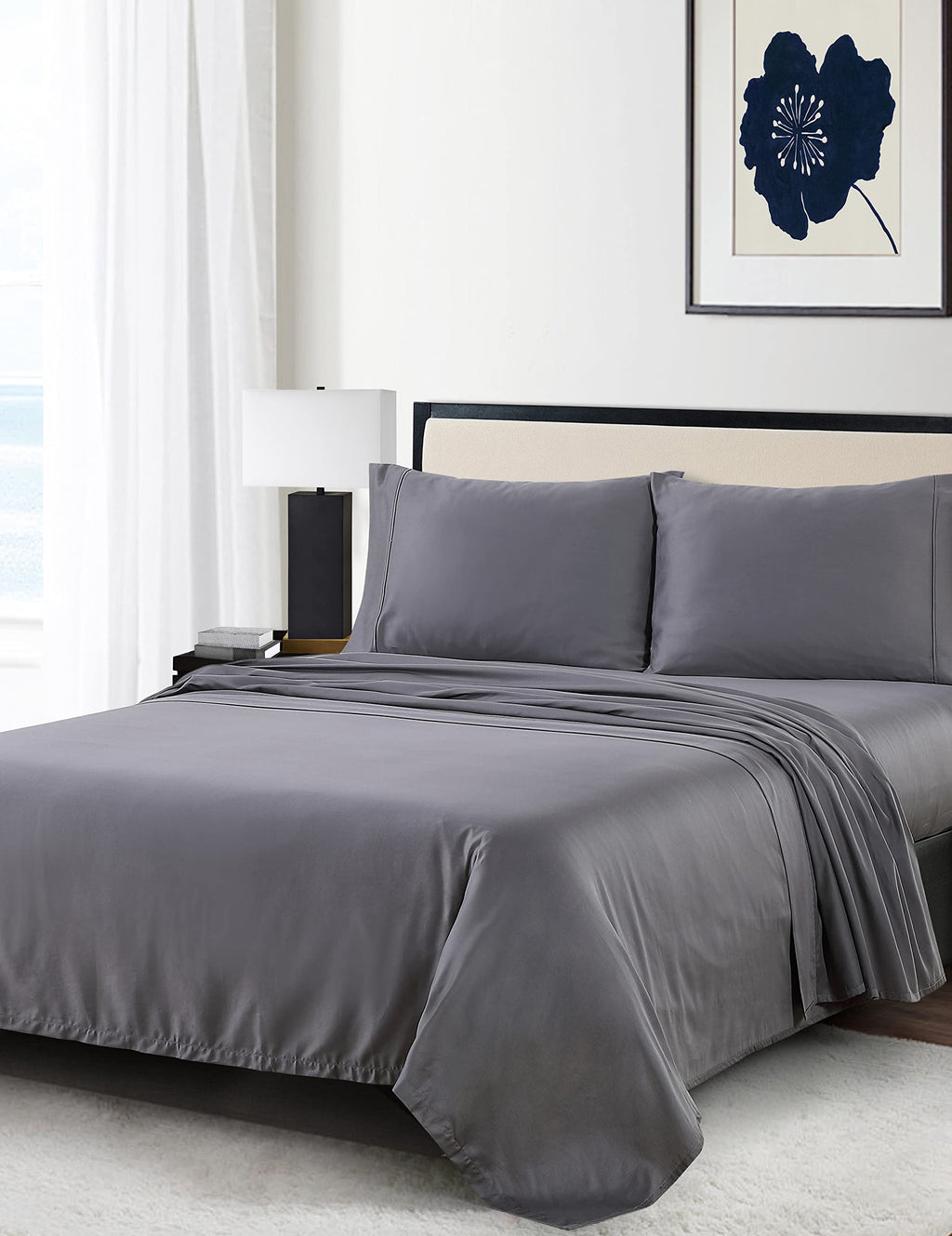 Anne Klein Reverie 100% Cotton Solid Sheet Set, King, Charcoal