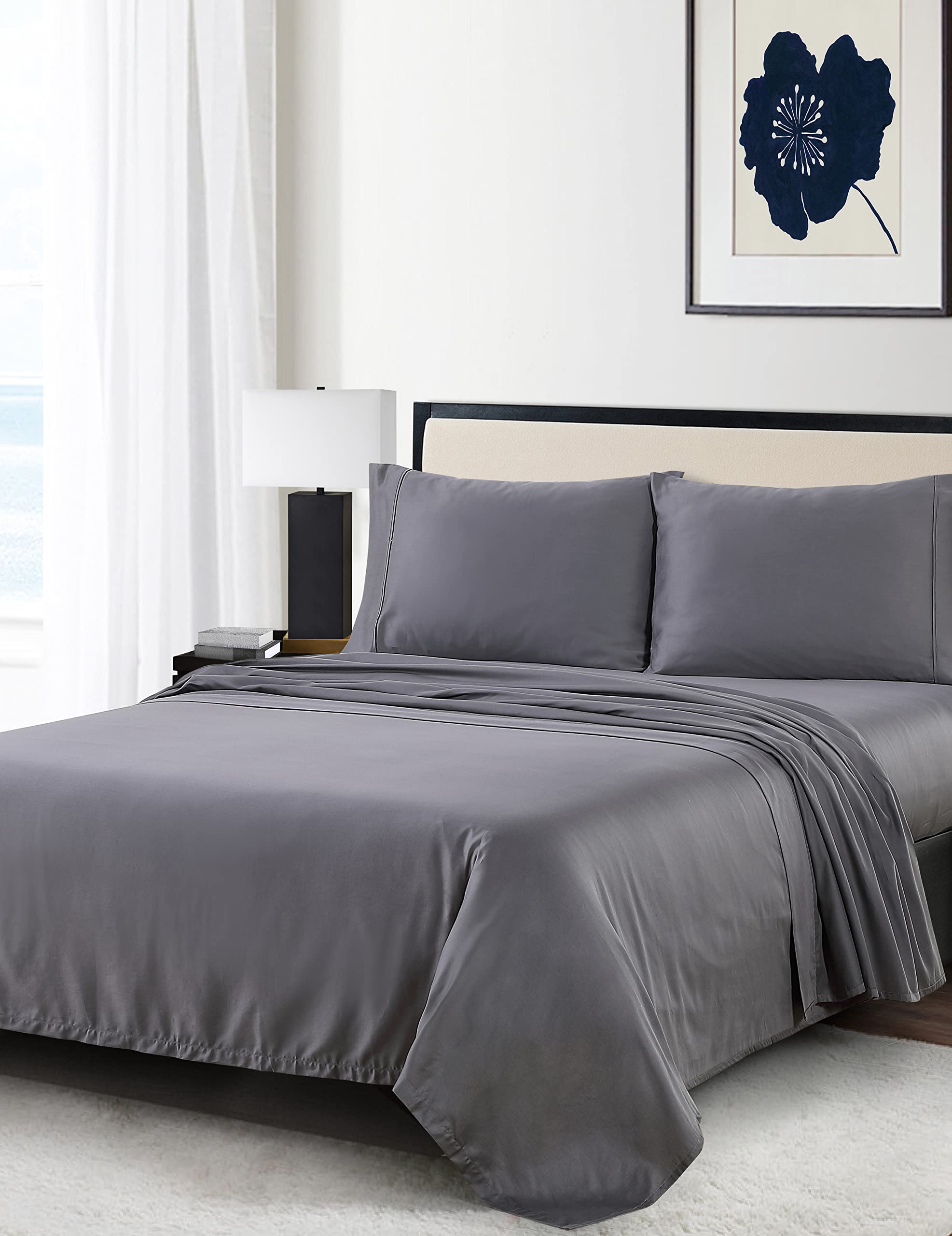 Anne Klein Reverie 100% Cotton Solid Sheet Set, King, Charcoal