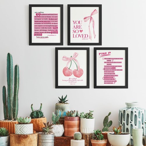**DSHFG Cute Preppy Pink Bow Bible Verses Wall Decor - Set of 4 Christian Prints for Teen Girls' Bedroom | 8x10 Unframed**