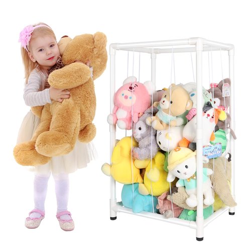 XMBecc Stuffed Animal Storage Zoo Stuffed Animal Holder,Off-Ground and Space Save Vertical Stuffed Animals Organizer PVC with Elastic for Bedroom Playroom Nursery (White, small)