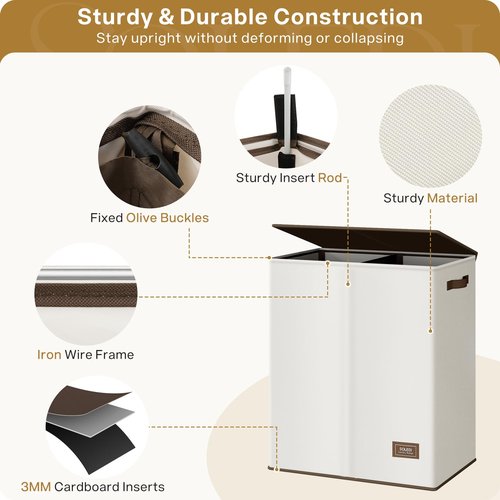 SOLEDI Luxury Double Laundry Hamper with Lid and Removable Bags, Large Hamper for Laundry, Laundry Basket 2 Sections, Collapsible Ditry Clothes Hamper for Bedroom, Laundry Room, Bathroom, Off-white