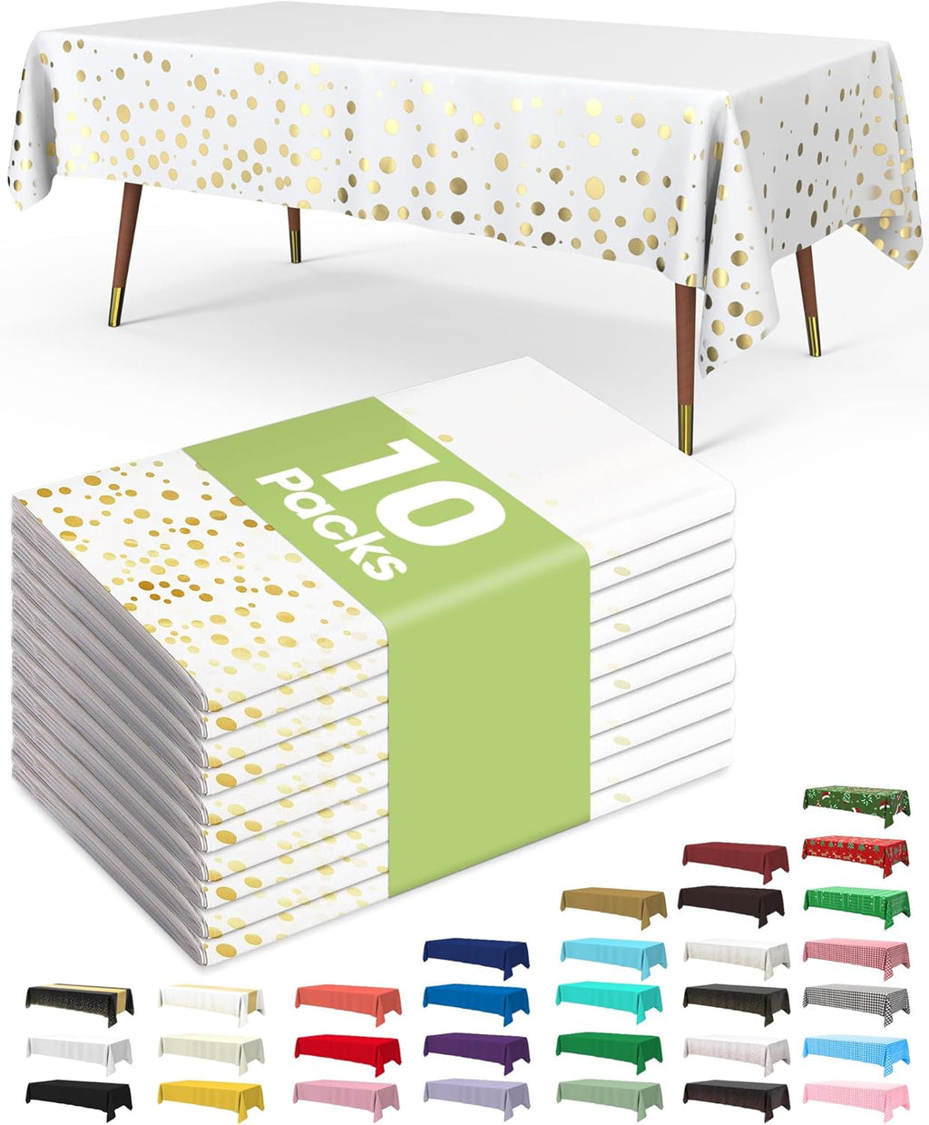Pureegg Disposable Plastic Tablecloths - 10 Pack, 54 x 108 Inch, Leakproof & Sturdy for Graduation | White & Gold