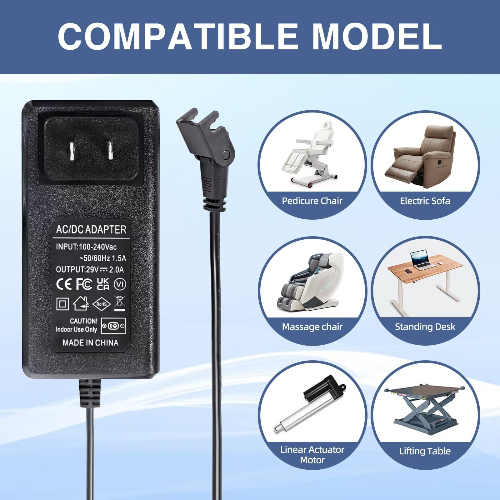 Universal Power Cord for Wall Plug-in Recliner Chair-2-Pin Adapter for Lift Chair,Recliner Sofa,Recliner Couch,29V 2A Recliner Power Supply Compatible with Most Makes & Models ZB-H290020A-C ZBPOWER