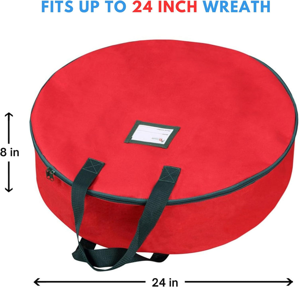 Primode Heavy Duty Christmas Wreath Storage Bag - Durable 600D Oxford Polyester, 24” Red Container with Handles