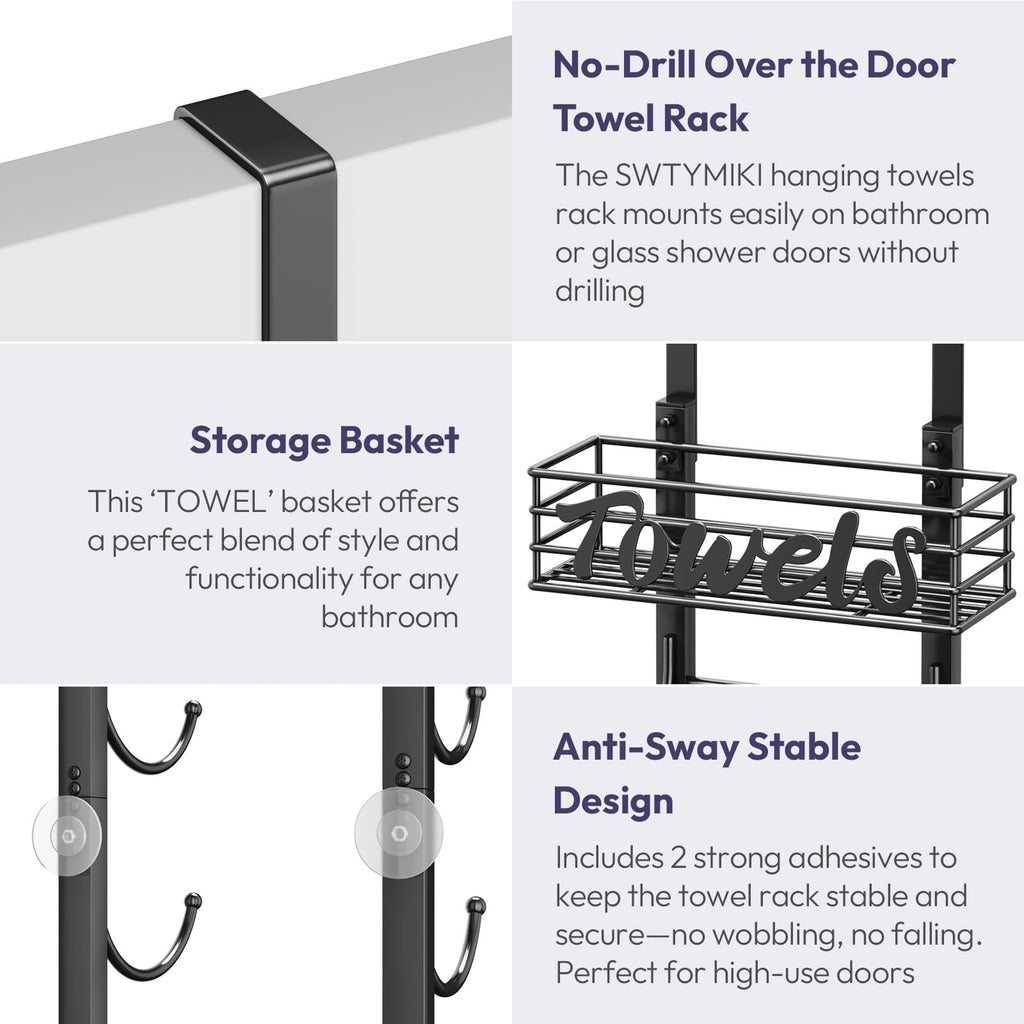 SWTYMIKI Hanging Towel Racks for Bathroom - 9 Tier Over The Door & Wall Mounted Bath Rolled Towel Storage Organizer Holder for Small Bathroom, RV, Camper, Black (Patented)