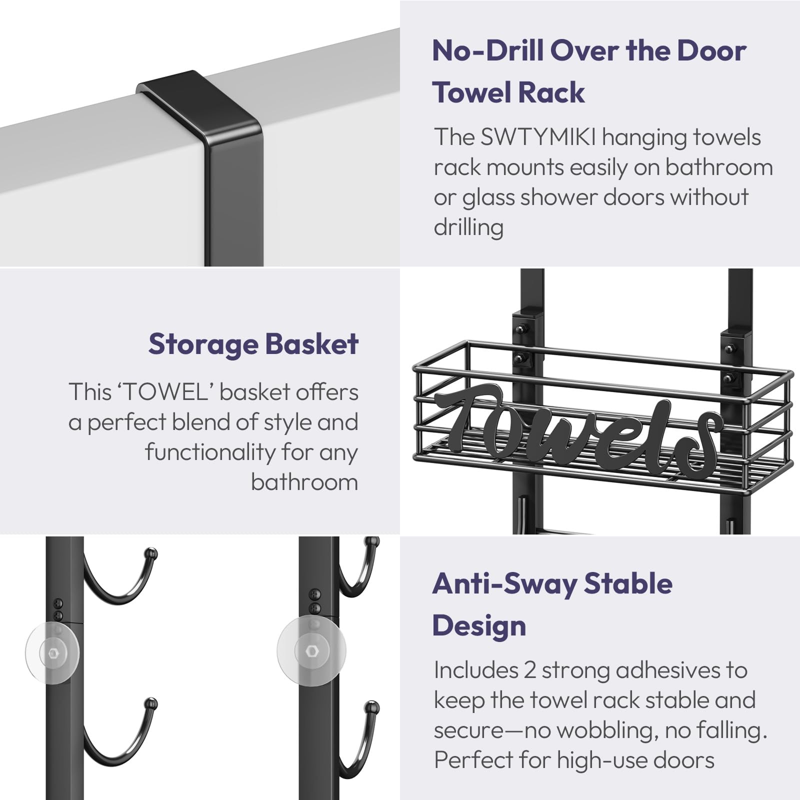SWTYMIKI Hanging Towel Racks for Bathroom - 9 Tier Over The Door & Wall Mounted Bath Rolled Towel Storage Organizer Holder for Small Bathroom, RV, Camper, Black (Patented)