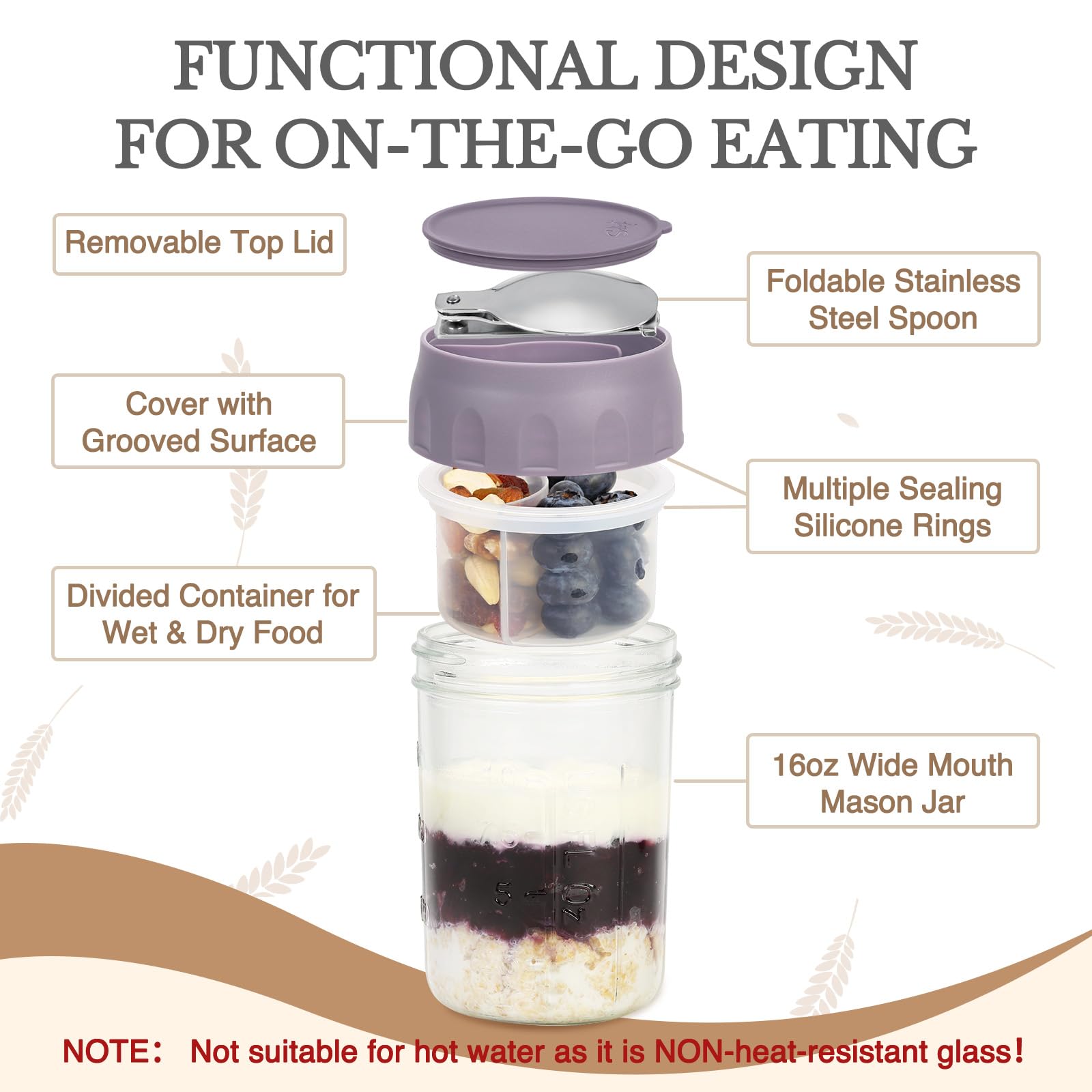 SOLIGT 2 Pack Overnight Oats Containers with Lids, Folding Spoons and Divided Compartments for Fruit & Nuts, Small Glass 16oz Mason Jars for Oatmeal Yogurt Parfait