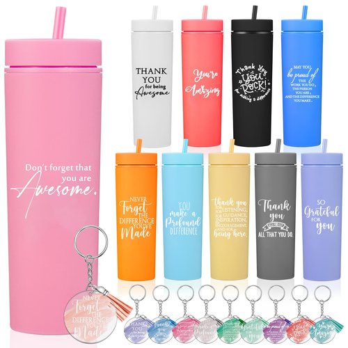 Willinglong 10 Set Employee Valentines Day Appreciation Gifts Bulk Thank You Cups for Coworkers 16 oz Inspirational Tumblers with Acrylic Keychains for Employees Staff Volunteers Social Worker(Staff)