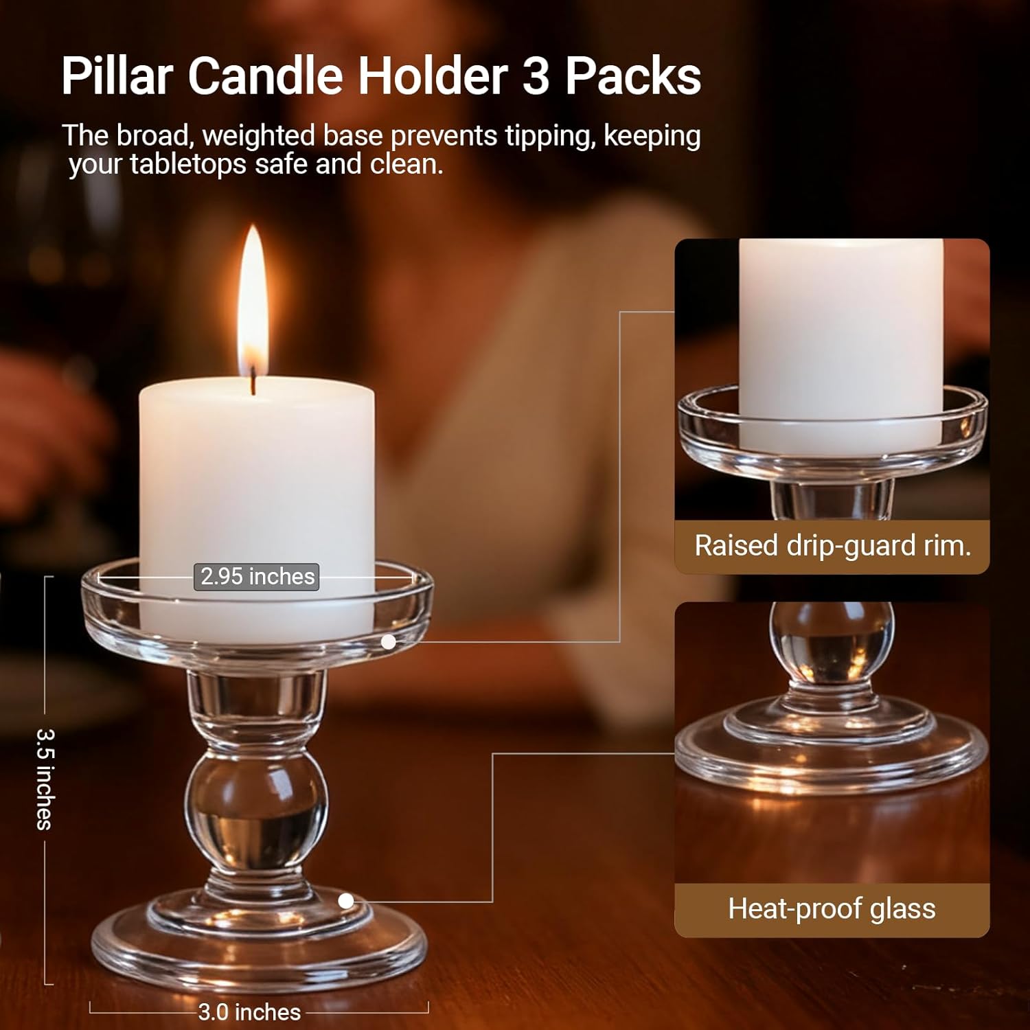 Regine Switzerland Glass Candle Holders - Elegant Pillar Candle Holder Set of 3 for Weddings | Home Decor