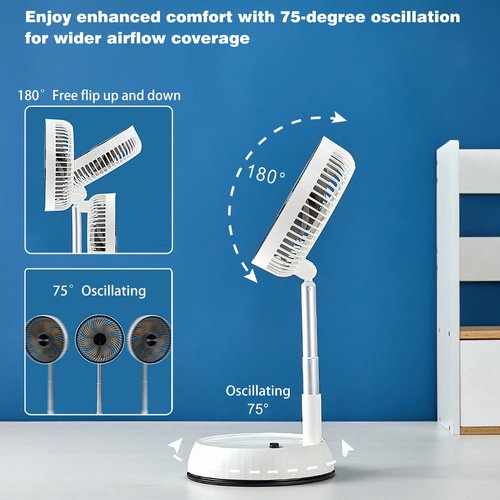 Greheywos Foldable Rechargeable Oscillating Fan 8" 7200mAh Battery Operated Small Fan, Quiet Table Standing Pedestal Fans for Bedroom Office Camping Travel (White body and black front grille)