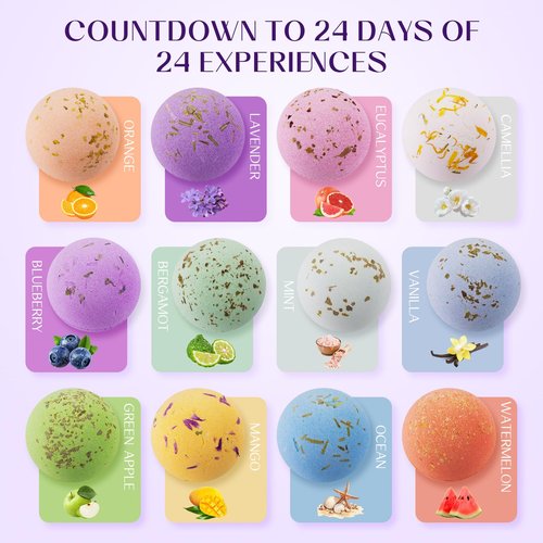 Advent Calendar 2026, 24 Different Natural Scents Bath Bombs Advent Calendar for Relaxation & Stress Relief-Christmas Gift for Women & Men, Stocking Stuffers