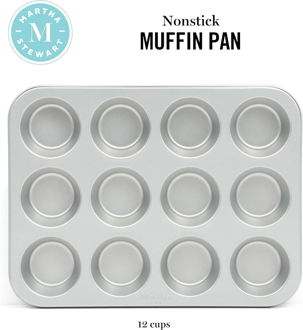Martha Stewart Gallen 12-Cup Nonstick Muffin Pan - Durable Silver Bakeware for Perfect Muffins & Cupcakes