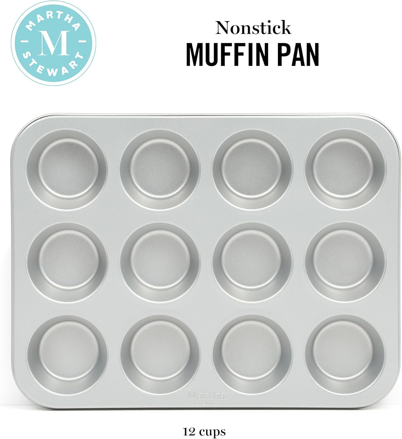 Martha Stewart Gallen 12-Cup Nonstick Muffin Pan - Durable Silver Bakeware for Perfect Muffins & Cupcakes