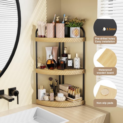 Abiglifty Corner Bathroom Counter Organizer, No Drill 3-Tier Corner Shelf Bathroom Counter, Space-Saving Countertop Organizer, Corner Counter, Vanity Organizers (Wood Grain)