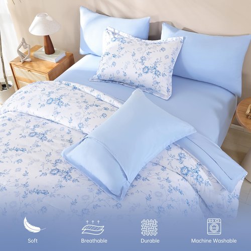 Luxudecor Floral Queen Comforter Set 7 Pieces Bed in a Bag, Blue Rose Romantic Flower Bed Set, Soft Reversible Comforter with Sheet Set 90"x90"