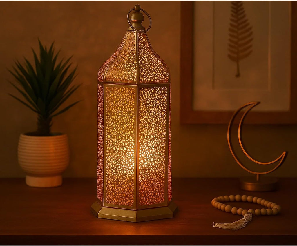 VELA Lanterns 16" Champagne Gold Moroccan Candle Lantern - Elegant Metal Hexagon for Table or Hanging Decor