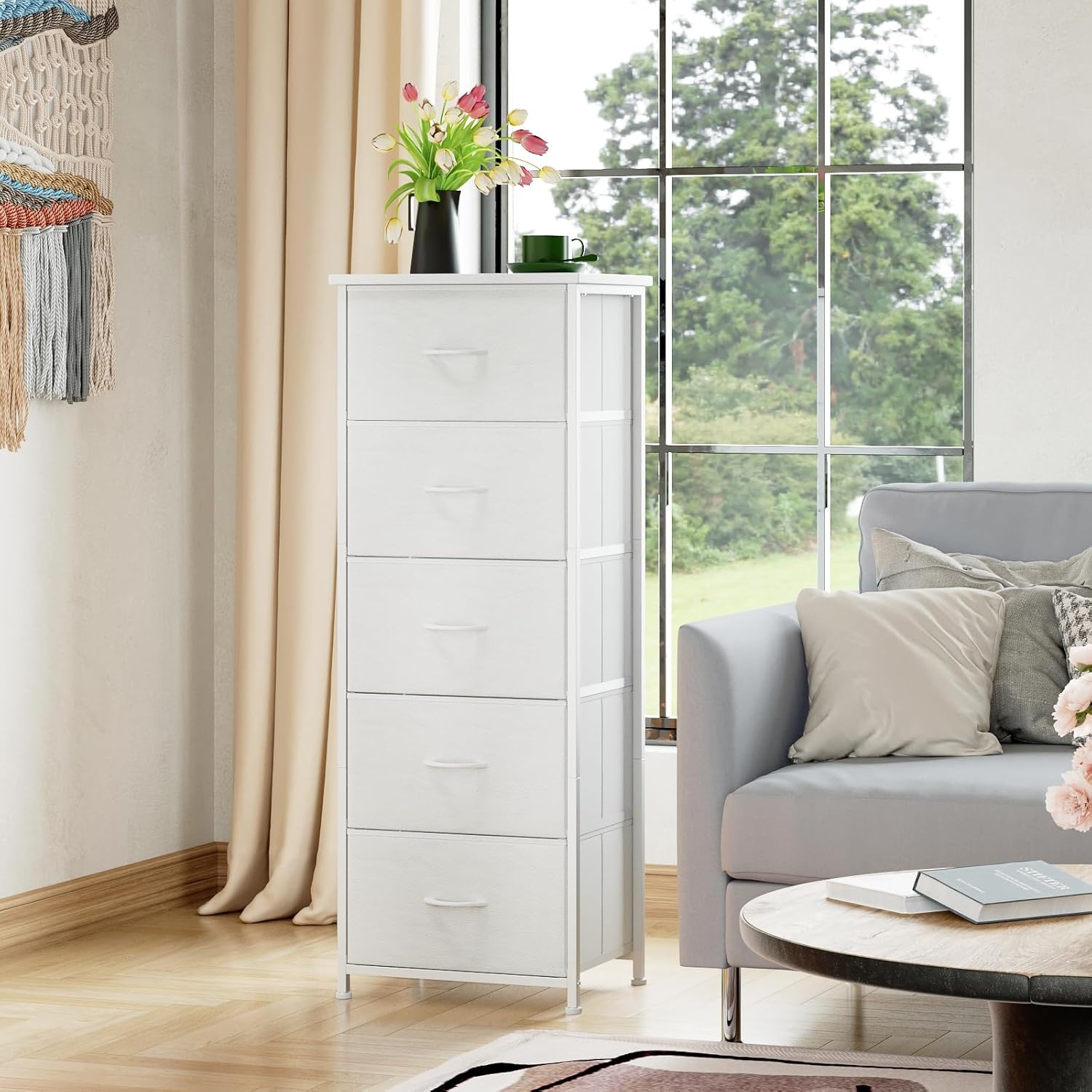 Somdot Tall Dresser - 5 Drawer Storage Organizer with Removable Fabric Bins | White Leather Finish