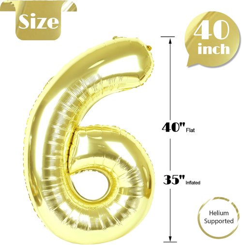 Light Gold Number 6 Balloon - 40 Inch Giant Foil Decoration for 6th Birthday Party Supplies