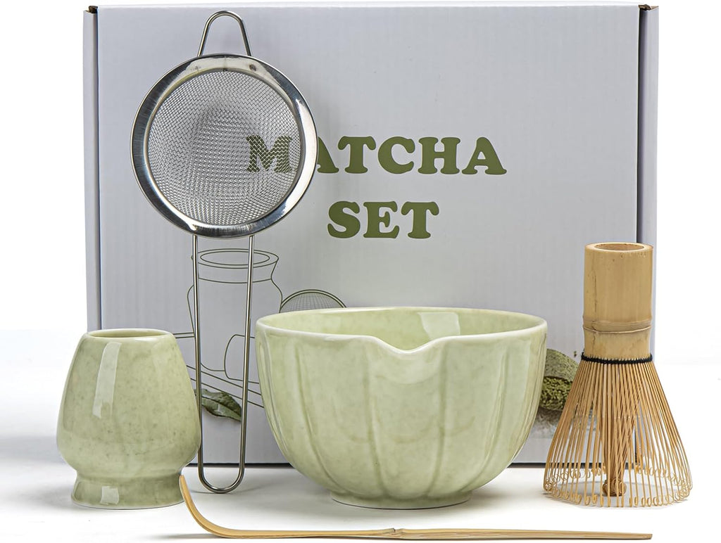 Skiennix Matcha Whisk Set - Complete 5-Piece Kit with Ceramic Bowl, Bamboo Whisk & Accessories | Mottled Green