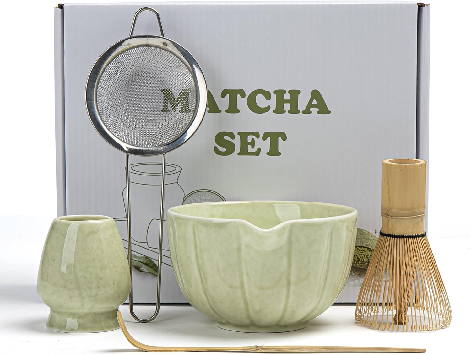Skiennix Matcha Whisk Set - Complete 5-Piece Kit with Ceramic Bowl, Bamboo Whisk & Accessories | Mottled Green