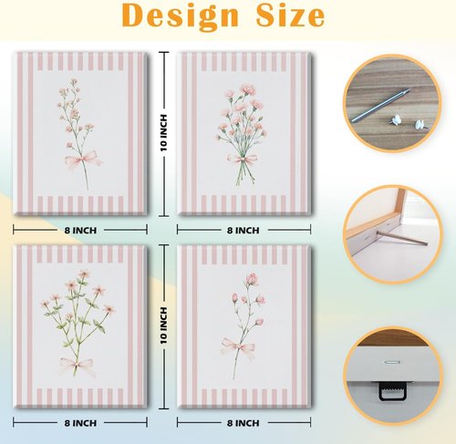 JINYO Floral Canvas Wall Art Set - Coquette Pink Bow Design | Framed 8x10 Inch Decor for Girls' Room