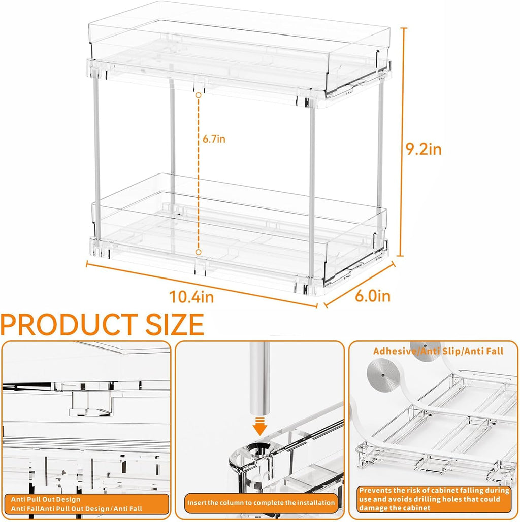 Yieach 4 Set Bathroom Organizers - 2 Tier Clear Under Sink & Medicine Cabinet Storage | Ideal for Kitchen & Pantry