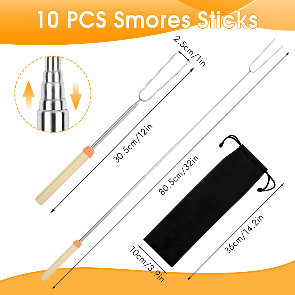 10 Pack Smores Sticks, 32 Inch Marshmallow Roasting Sticks for Fire Pit, Extendable Roasting Skewers with Bag, Hot Dog Fork, Smores Kit for Campfire Camping Essentials