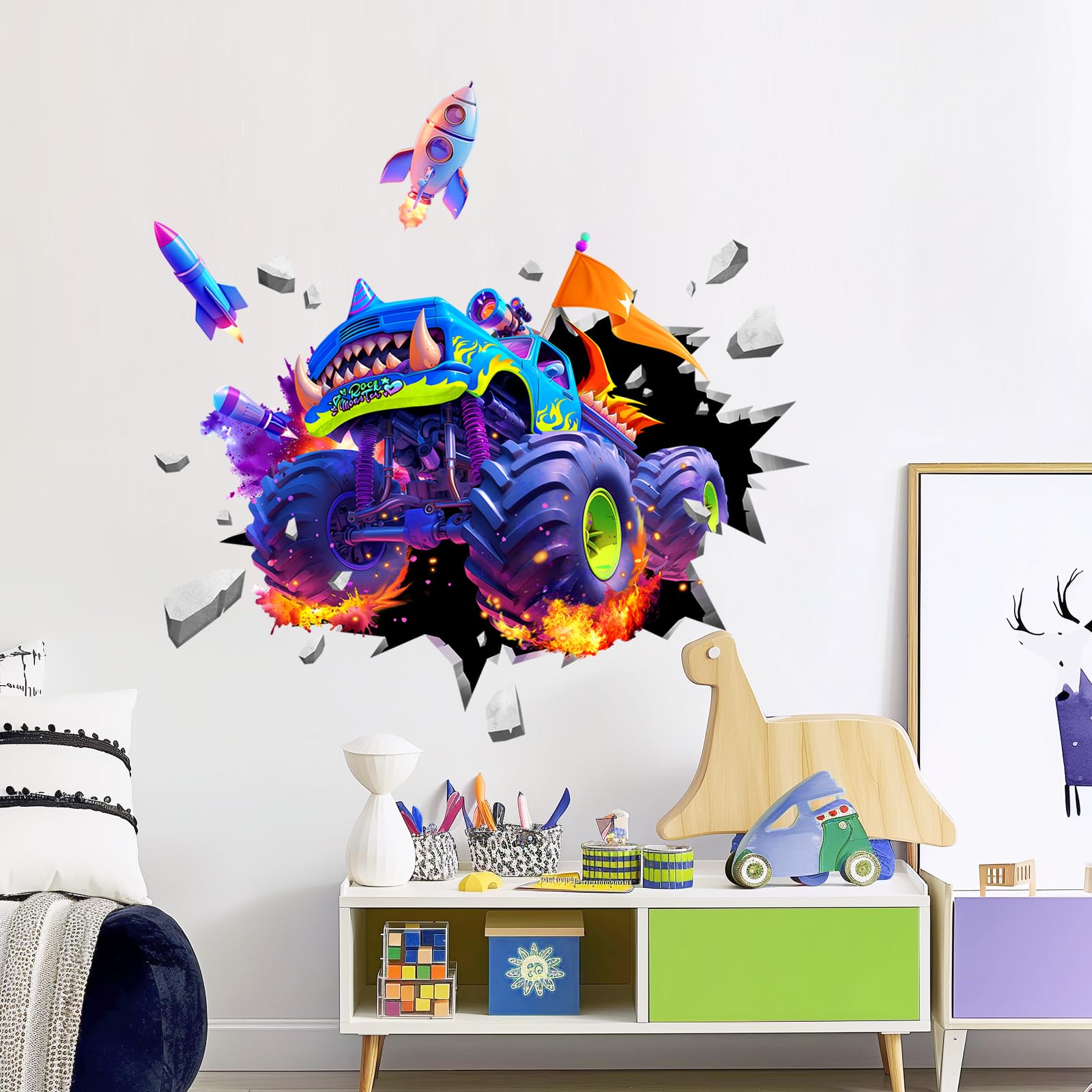 Supzone Monster Truck Wall Decals for Boys, 3D Racing Car Break Through The Wall Vinyl Wall Sticker for Kids Bedroom Nursery Playroom Classroom