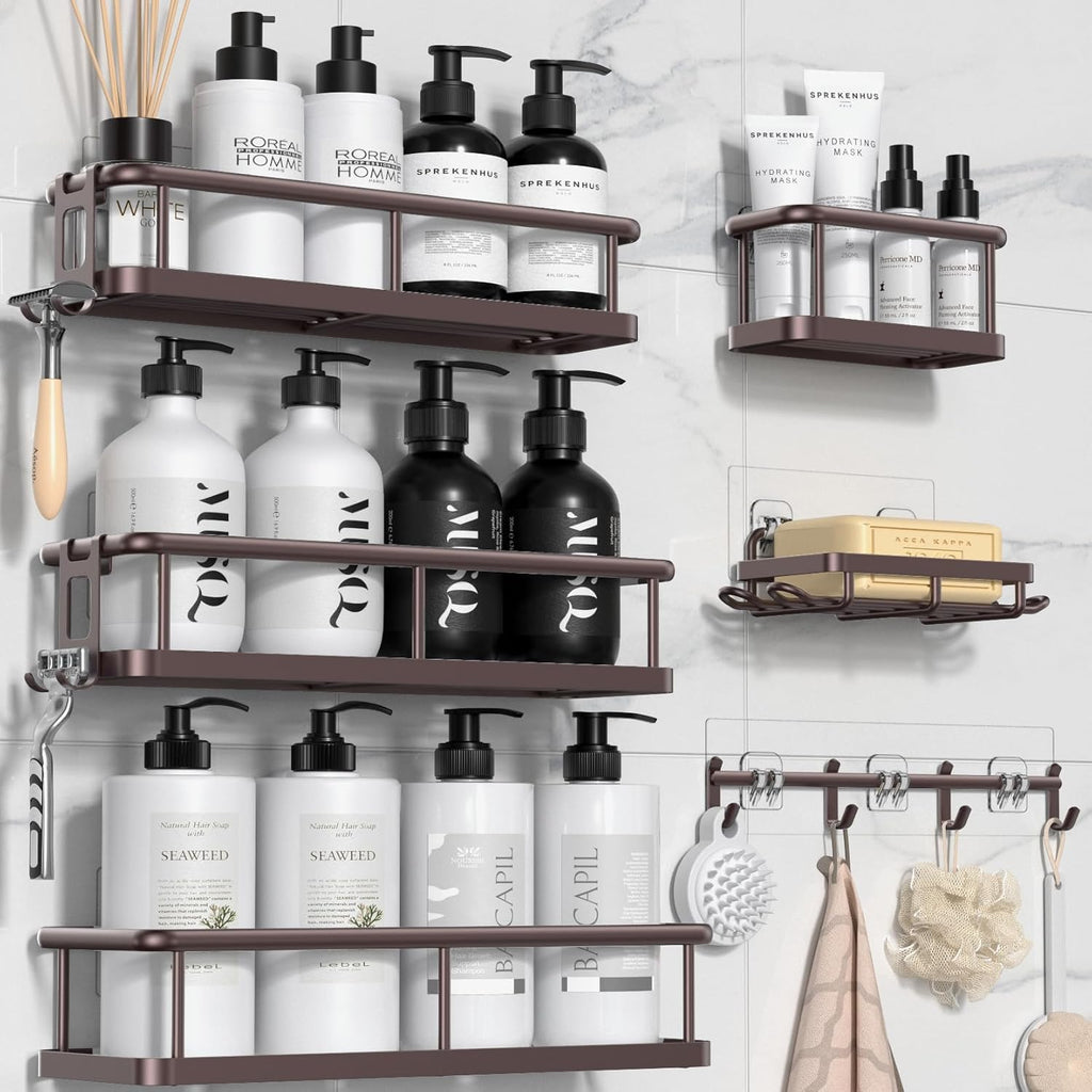 YASONIC Shower Caddy - 6 Pack Large Capacity Organizer with Soap Holder & 12 Hooks | Rustproof Bronze XL