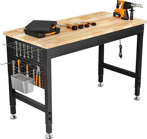 CAMMOO Adjustable Heavy Duty Workbench - 2000 LBS Capacity Rubber Wood Table with Pegboard & Power Outlets | Ideal for Garage, Workshop, Office & Home
