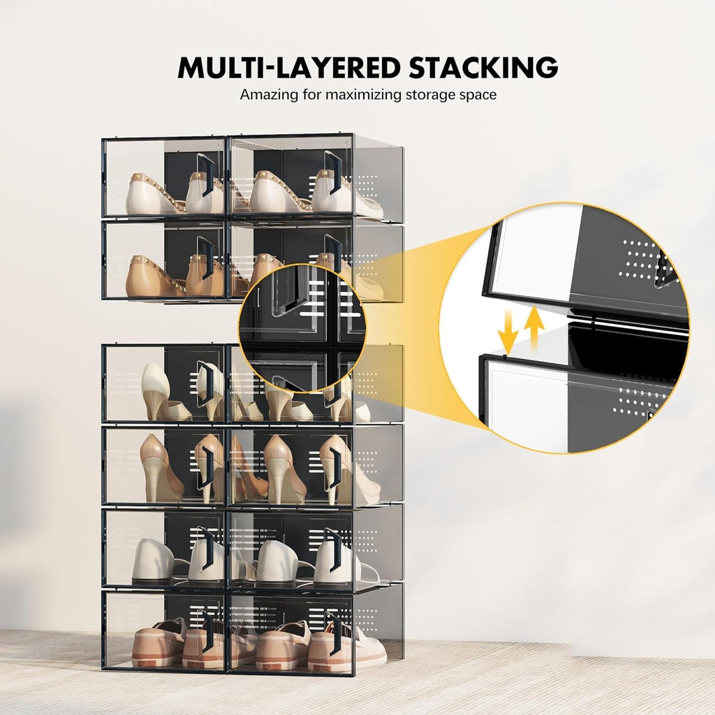 SEE SPRING X-Large Shoe Storage Box - Clear Plastic Stackable Organizer for Size 11 Sneakers | 12 Pack Black