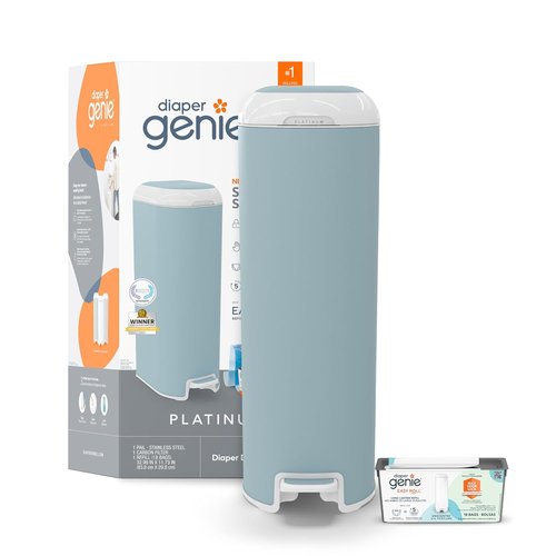 Diaper Genie Platinum Pail - Durable Stainless Steel | Glacial Blue with 1 Easy Roll Refill & 18 Bags