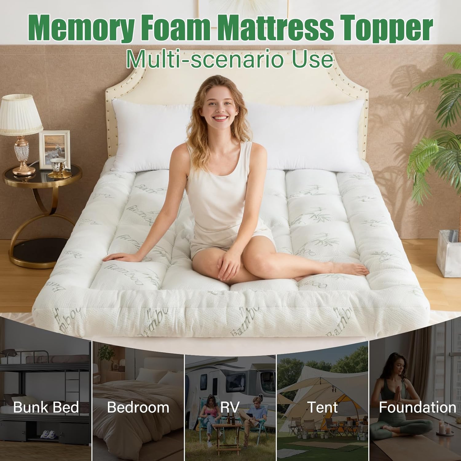 WhatsBedding 5-Inch Memory Foam Mattress Topper - Bamboo Viscose, Breathable & Soft | Queen Size 80x60in