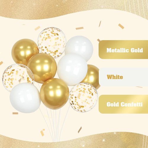 60pcs Gold & White Balloons - 12-Inch Metallic Confetti Balloons for Graduation, Wedding & Birthday Decor