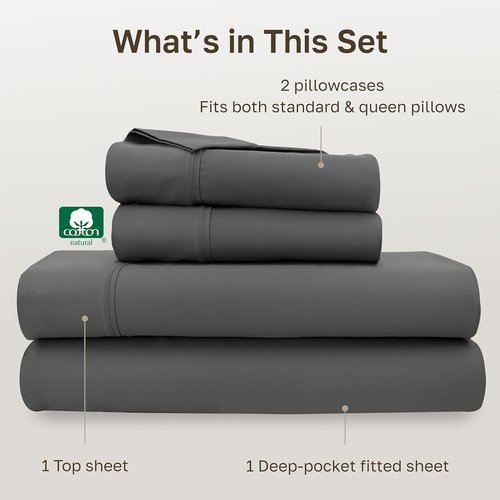 California Design Den Queen Sheet Set - 100% Soft Cotton, 400 Thread Count, Silky Smooth Sateen - Grey