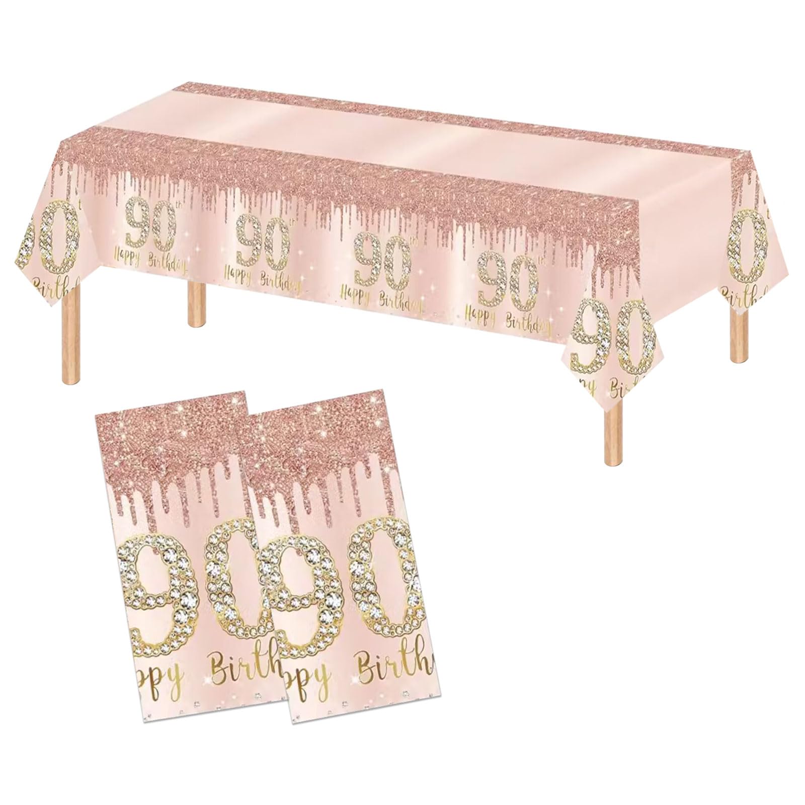 Poqirzan 2PCS Pink Rose Gold 90th Birthday Tablecloth 90th Birthday Table Cover Party Supplies Happy 90st Party Decorations for Women Plastic Disposable Gathering Table Cloth (54"x108")