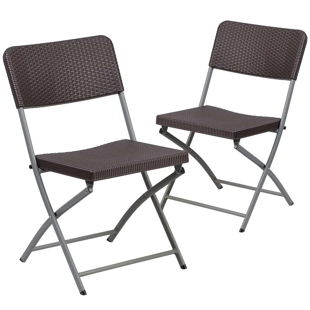 Flash Furniture 2 Pack HERCULES Series Brown Rattan Plastic Folding Chair with Gray Frame