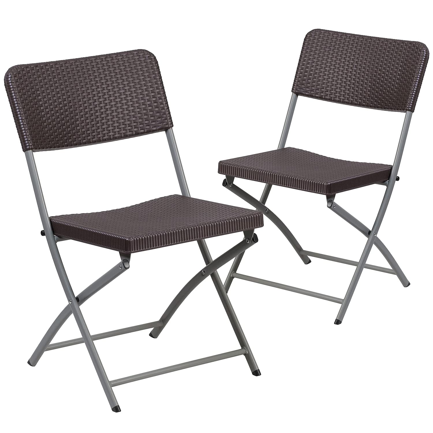 Flash Furniture 2 Pack HERCULES Series Brown Rattan Plastic Folding Chair with Gray Frame
