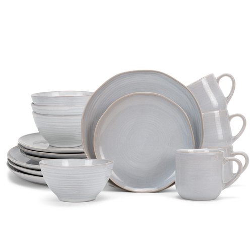 Elanze Designs Reactive Glaze Farmhouse Rustic Boho Ceramic Stoneware Dinnerware 16 Piece Plate Bowl Mug Dish Set - Service for 4, Pale Grey