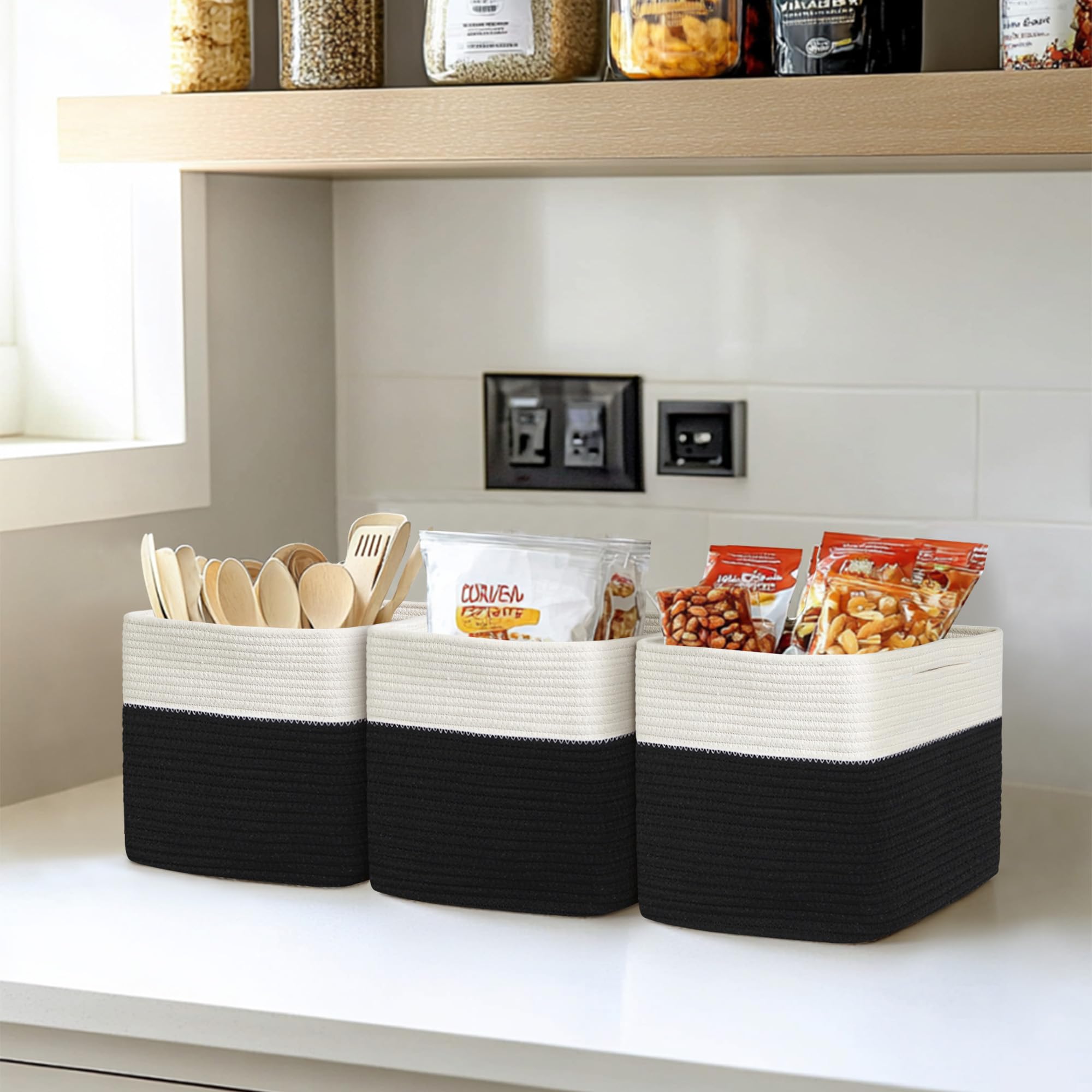 MEGASKET 3 Pack Cube Storage Bin, 11 Inch Cotton Rope Baskets for Organizing, Woven Fabric Kids Toy Bin Box, Baby Nursery Cube Storage Organizer, Decorative Cute Black Wicker Square Basket for Shelves