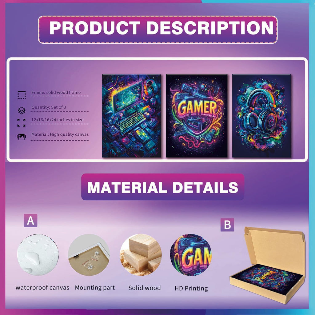 Yolbcdr Gaming Canvas Wall Art Set - Cool Video Game Posters for Boys' Room | 16x24in Framed Decor