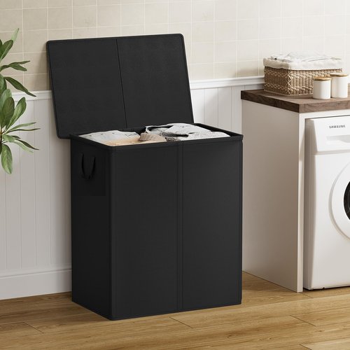Chrislley 140L Laundry Hamper 2 Section, Double Laundry Basket with Lid, Large Dirty Clothes Hamper with Removable Liner Bags, Collapsible Laundry Organizer for Bedroom, Dorm,Black