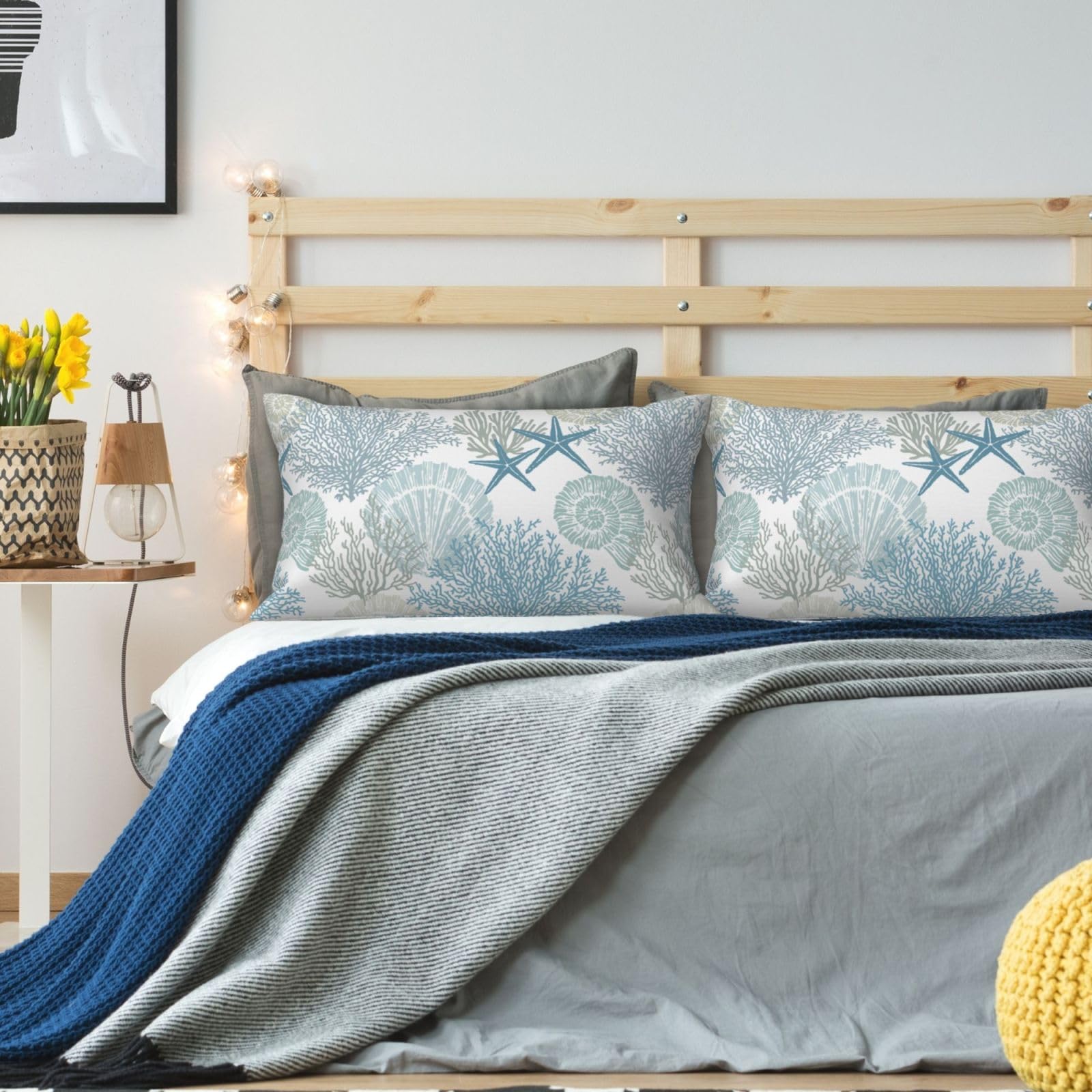 Tebjh Nautical Coastal Throw Pillow Covers 12x20 Set of 2, Beach Themed Ocean Seashell Coral Starfish Couch Lumbar Pillow Cover Outdoor Sofa Cushion Cover for Bedroom Living Room