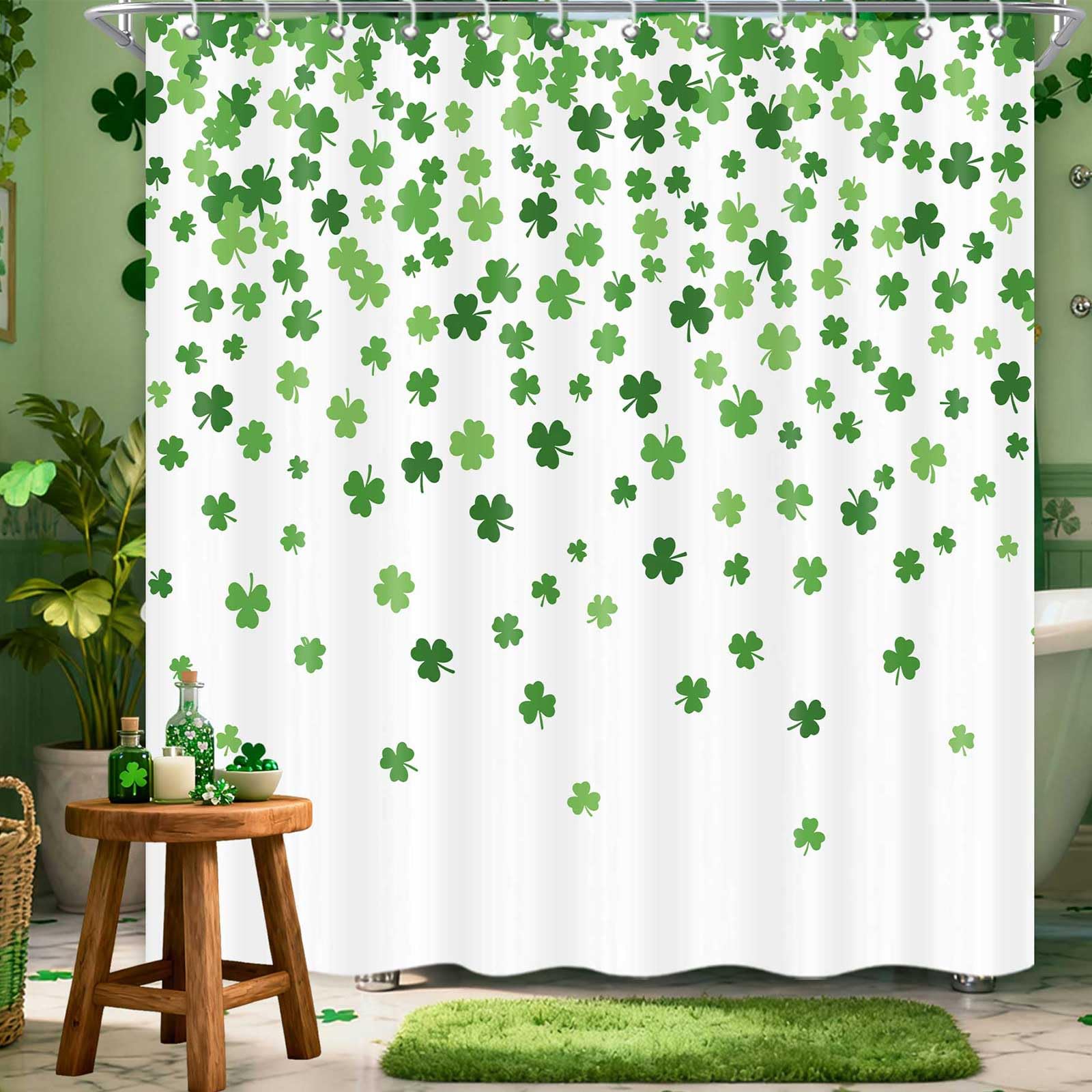 MDDGKH St Patrick's Day Shower Curtain Green Clover Leaf Shamrock Shower Curtains for Bathroom, Irish Decorations Fabric Home Decor Set with Hooks 71 x 71 Inch
