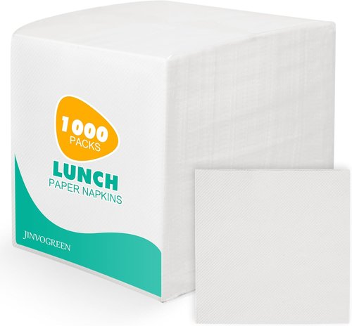 JINVOGREEN 1000 Count White Paper Napkins - Soft & Absorbent 1-Ply Dinner Napkins | 6.5 x 6.5 Folded