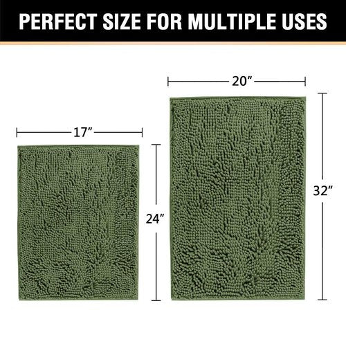 H.VERSAILTEX Luxury Chenille Loden Bathroom Rug Mat 17” x 24” Bundle 2 Pieces Bathroom Rug Mat 32" x 20" & 17" x 24" Loden