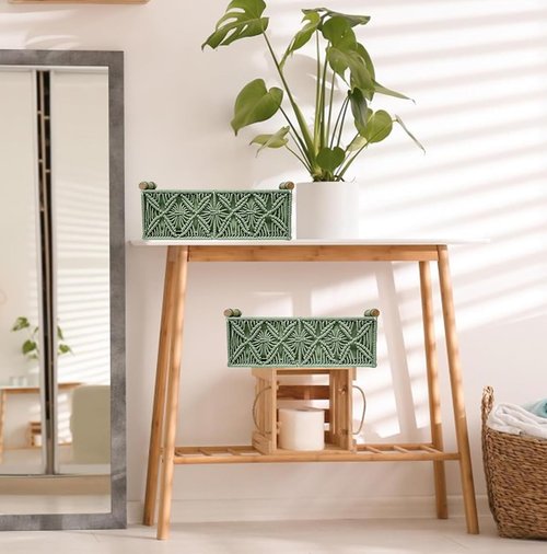 HOSROOME Macrame Decorative Baskets - Boho Organizing Baskets for Home Decor | Set of 2, Green